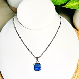 Exquisite Men’s Lapis Lazuli Square Cut Stone Pendant Stainless Steel Box Chain.